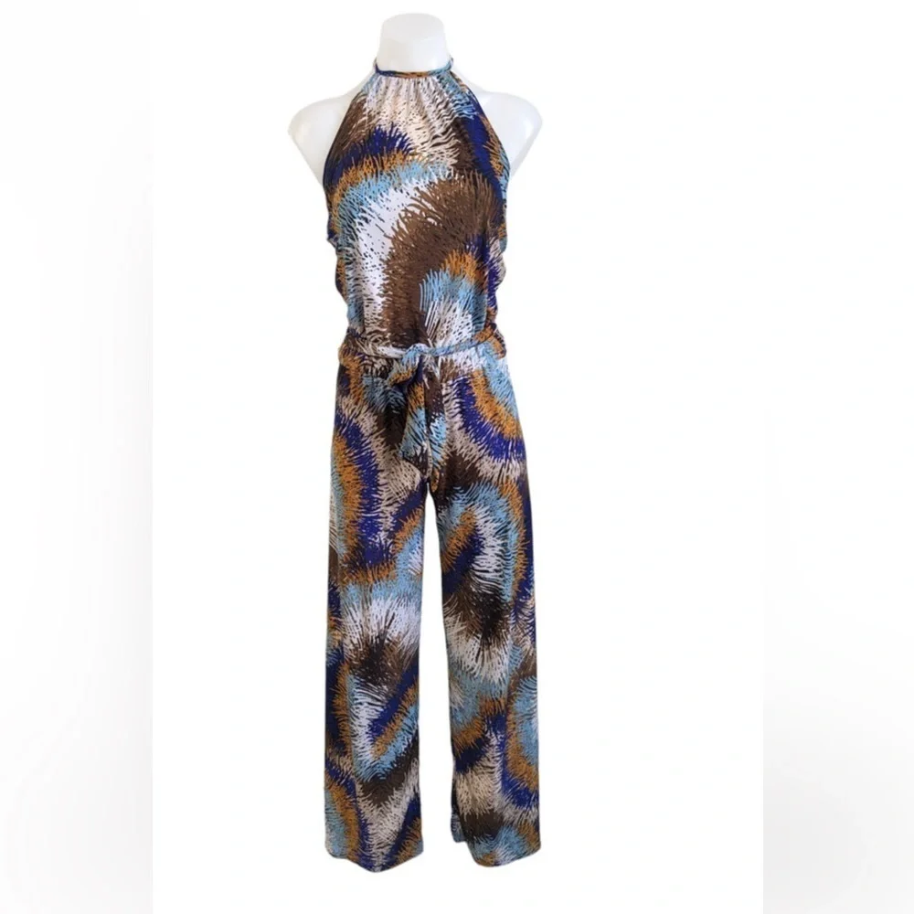 Nikki Poulos Size Sm Tie Dye Halter Jumpsuit Brown Blue Belted Cut Out Tie Neck